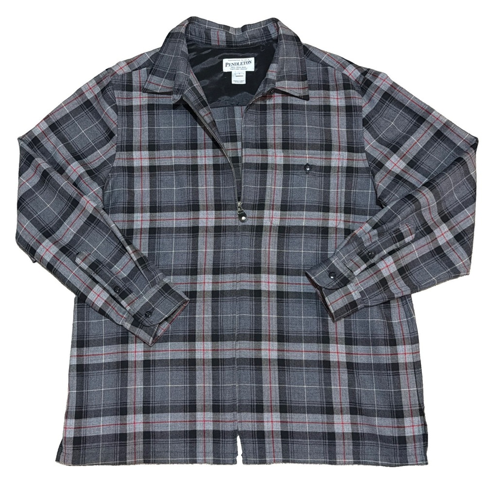 Pendleton Shirt Jacket Womens Large Full Zip Plaid Tartan Gray Black Unlined VTG